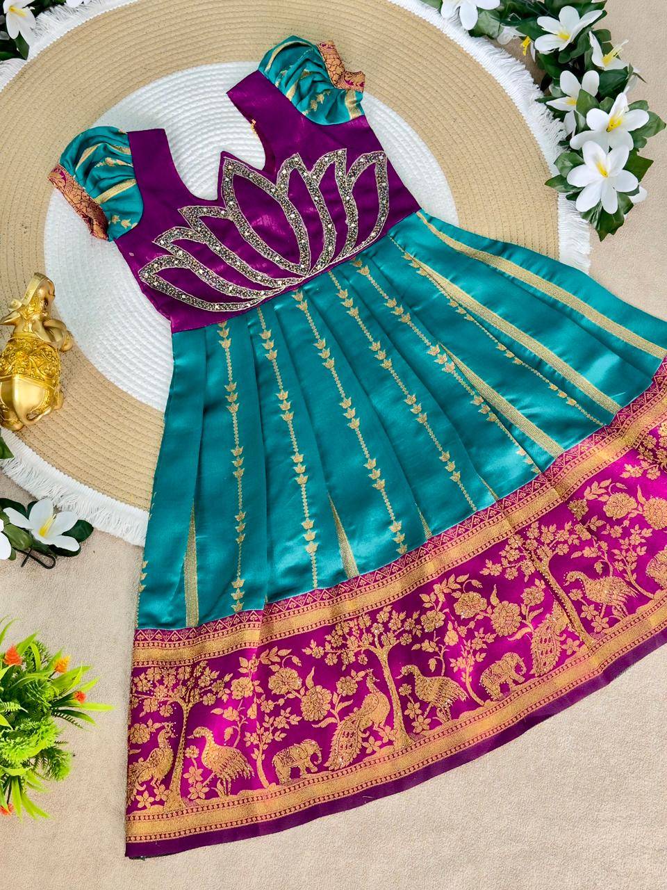 Lotus Frock Jaquard Silk Blue Children wear wholesale market